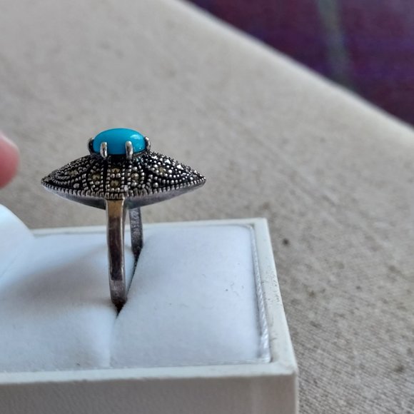 Marcasite and Turquoise Sterling ring Size 8 - Picture 5 of 7